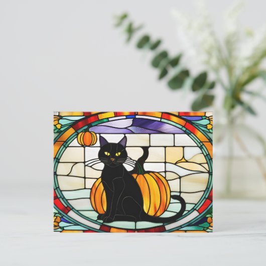 Glas in lood Halloween Black Cat Feestdagenkaart (Staand voorkant)