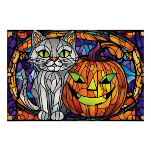 Glas in lood Halloween Cat en Jack-o-Lantern Perfect Poster