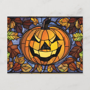Glas in lood Halloween pompoen en herfstbladeren Feestdagenkaart