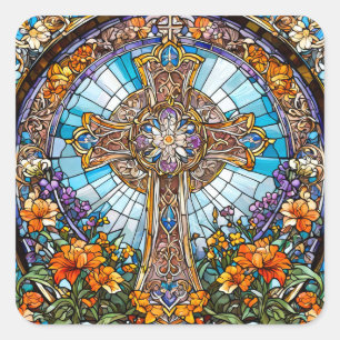 Glas in lood Heilig Kruis met Bloemen Vierkante Sticker