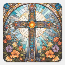 Glas in lood Heilig Kruis met Bloemen Vierkante Sticker
