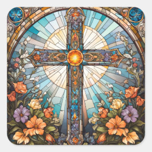 Glas in lood Heilig Kruis met Bloemen Vierkante Sticker