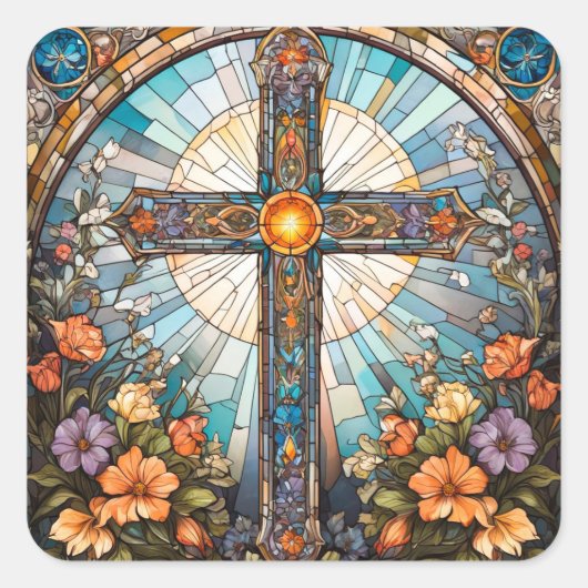 Glas in lood Heilig Kruis met Bloemen Vierkante Sticker (Voorkant)