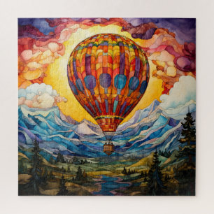Glas-in-lood-hete-luchtballon-zonsondergang-bergen Legpuzzel