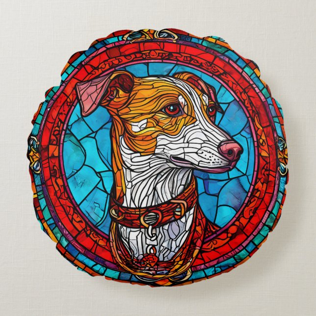 Glas-in-lood-hondenkunst Rond Kussen (Voorkant)