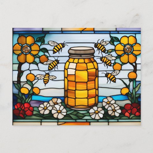 Glas in lood Honingbijen en Honey Jar Briefkaart (Voorkant)