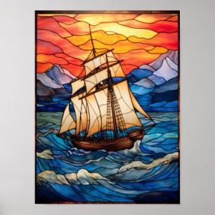 Glas-in-lood hoog schip zonsondergang oceaan zeege poster