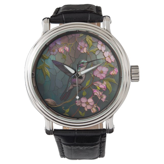 Glas in lood Hummingbird Pattern Spring Flowers Horloge (Voorkant)
