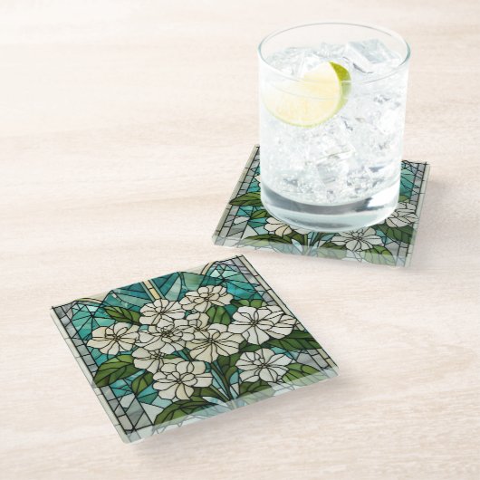 Glas in lood Hydrangea Illustratie Glazen Onderzetter (Schuin)