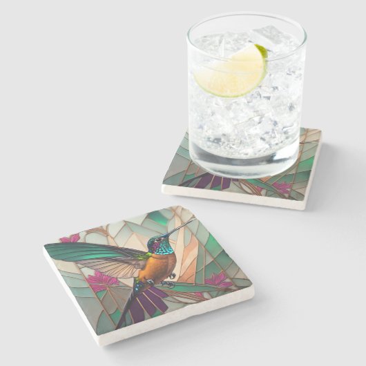 Glas in lood Illustratie van een kolibrie Stenen Onderzetter (Zijkant)