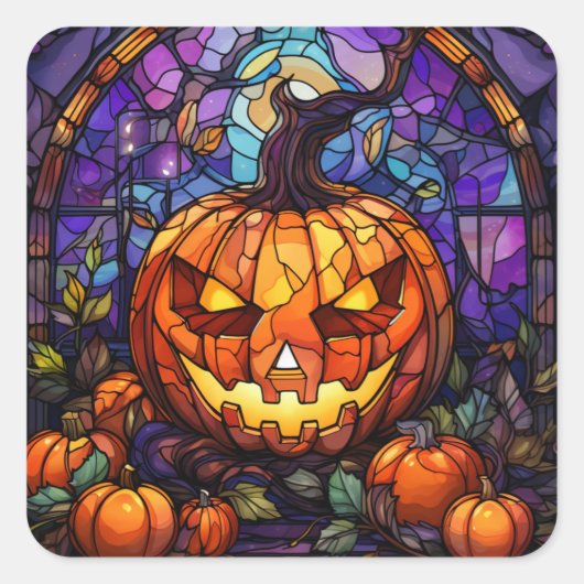 Glas in lood Jack-o'-Lantern: Spooky Elegance Vierkante Sticker (Voorkant)