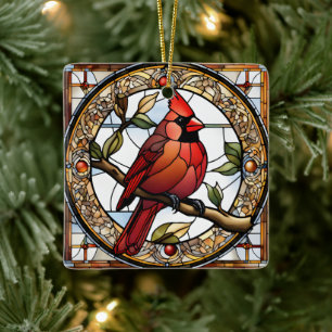 Glas in lood Kardinaal Vierkant Rode Vogels Cadeau Keramisch Ornament
