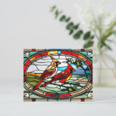 Glas in lood kardinalen op boomtak feestdagenkaart (Staand voorkant)