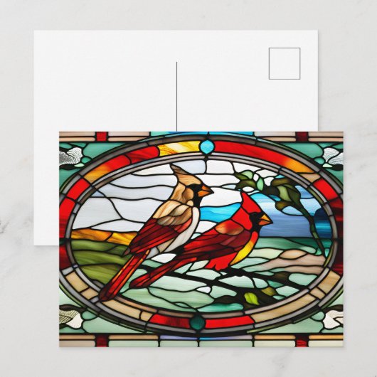 Glas in lood kardinalen op boomtak feestdagenkaart (Voorkant / Achterkant)