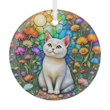 Glas-in-lood kat en wilde bloemen glazen kerstbal