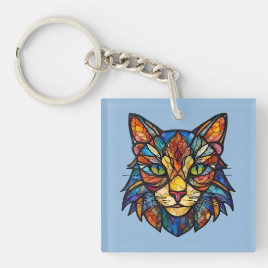 Glas-in-lood Kat Gedetailleerd Gezicht Sleutelhanger (voorkant)