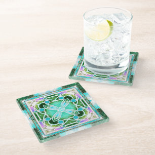 Glas-in-lood kathedraalraam in groen en mint glazen onderzetter