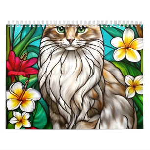 Glas-in-lood katportret Elegante langharige kat Kalender