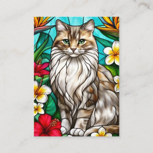 Glas-in-lood kattenportret Elegante langharige kat Informatiekaartje