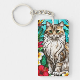 Glas-in-lood kattenportret Elegante langharige kat Sleutelhanger