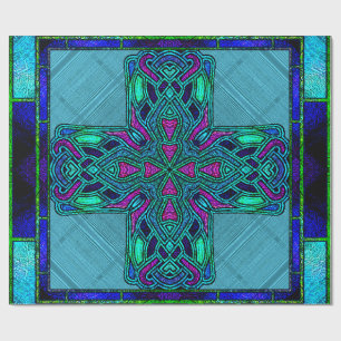 Glas-in-lood Keltisch Kruis in Blauw en Aqua Cadeaupapier