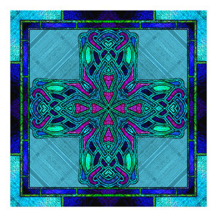 Glas-in-lood Keltisch Kruis in Blauw en Aqua Foto Afdruk
