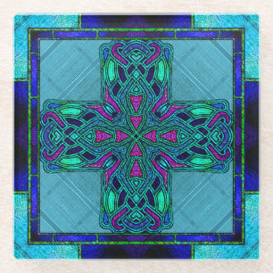 Glas-in-lood Keltisch Kruis in Blauw en Aqua Glazen Onderzetter