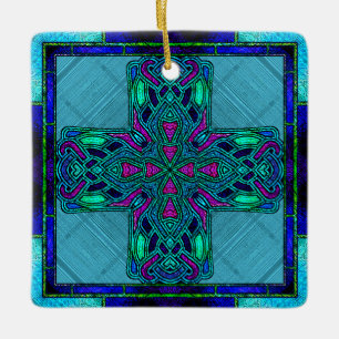 Glas-in-lood Keltisch Kruis in Blauw en Aqua Keramisch Ornament