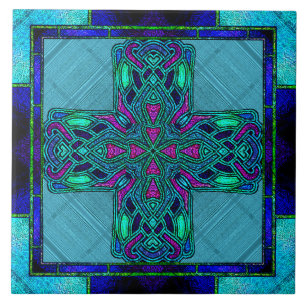 Glas-in-lood Keltisch Kruis in Blauw en Aqua Tegeltje