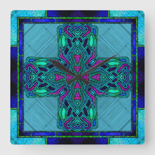 Glas-in-lood Keltisch Kruis in Blauw en Aqua Vierkante Klok