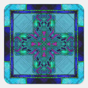 Glas-in-lood Keltisch Kruis in Blauw en Aqua Vierkante Sticker