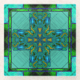 Glas-in-lood Keltisch Kruis in Groen en Goud Glazen Onderzetter