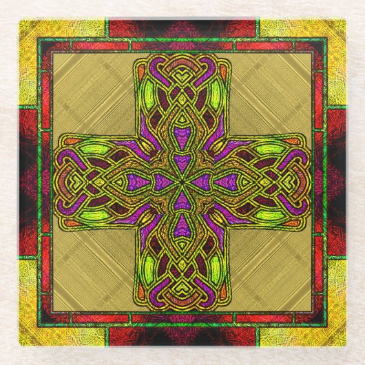 Glas in lood Keltisch Kruis in Rood en Goud Glazen Onderzetter (Voorkant)