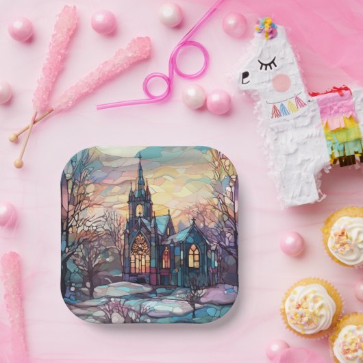 Glas in lood Kerk Vierkant Papier Borden Papieren Bordje (Feest)
