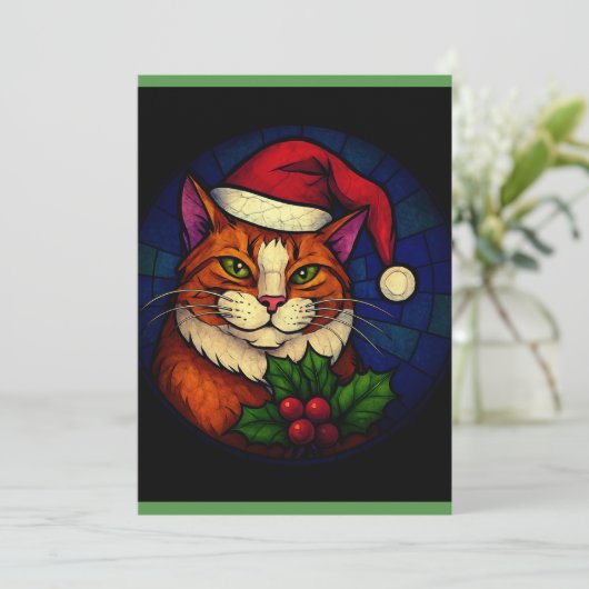 Glas-in-lood Kerst Oranje Tabby Kat Feestdagenkaart (Staand voorkant)