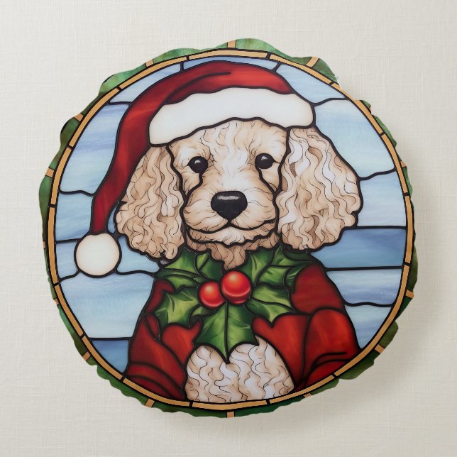 Glas-in-lood Kerst Poedel Rond Kussen (Achterkant)