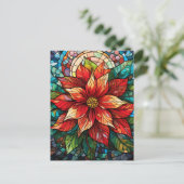 Glas in lood Kerstbloem rood Poinsettia Briefkaart (Staand voorkant)