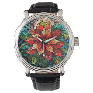 Glas in lood Kerstbloem rood Poinsettia Horloge