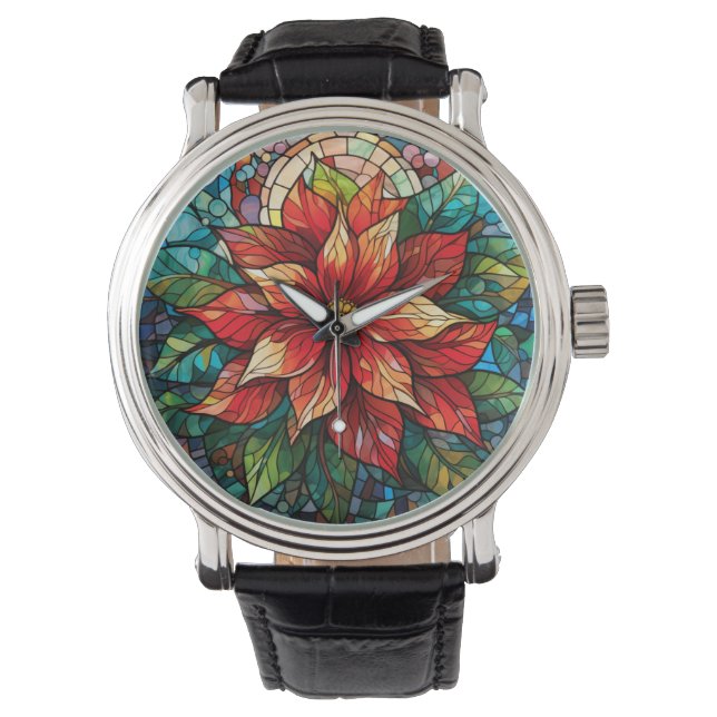 Glas in lood Kerstbloem rood Poinsettia Horloge (Voorkant)