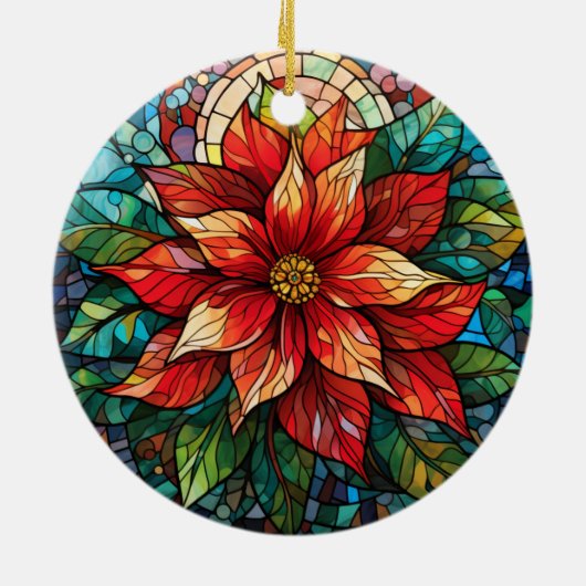 Glas in lood Kerstbloem rood Poinsettia Keramisch Ornament (Achterkant)