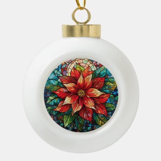 Glas in lood Kerstbloem rood Poinsettia Keramische Bal Ornament (Voorkant)
