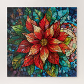 Glas in lood Kerstbloem rood Poinsettia Legpuzzel (Horizontaal)