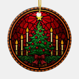 Glas-in-lood kerstboom en kaarsen keramisch ornament