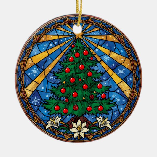 Glas-in-lood Kerstboom & Lelies Keramisch Ornament (Voorkant)