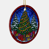Glas-in-lood kerstboom met cadeaus keramisch ornament (Rechts)