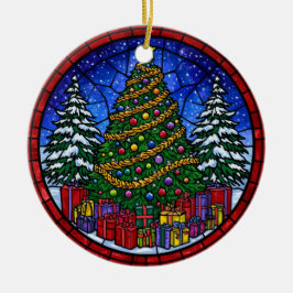 Glas-in-lood kerstboom met cadeaus keramisch ornament