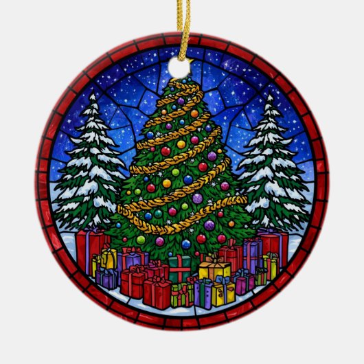 Glas-in-lood kerstboom met cadeaus keramisch ornament (Voorkant)