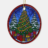 Glas-in-lood kerstboom met cadeaus keramisch ornament (Links)