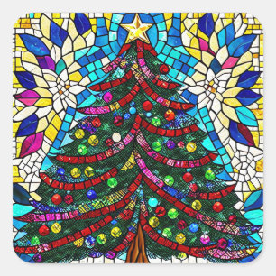 Glas in lood kerstboom met kleur Ornament Vierkante Sticker