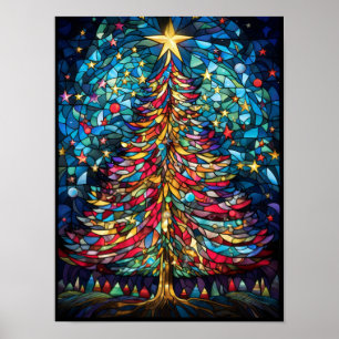 Glas-in-lood Kerstboom onder een Gouden Ster Poster